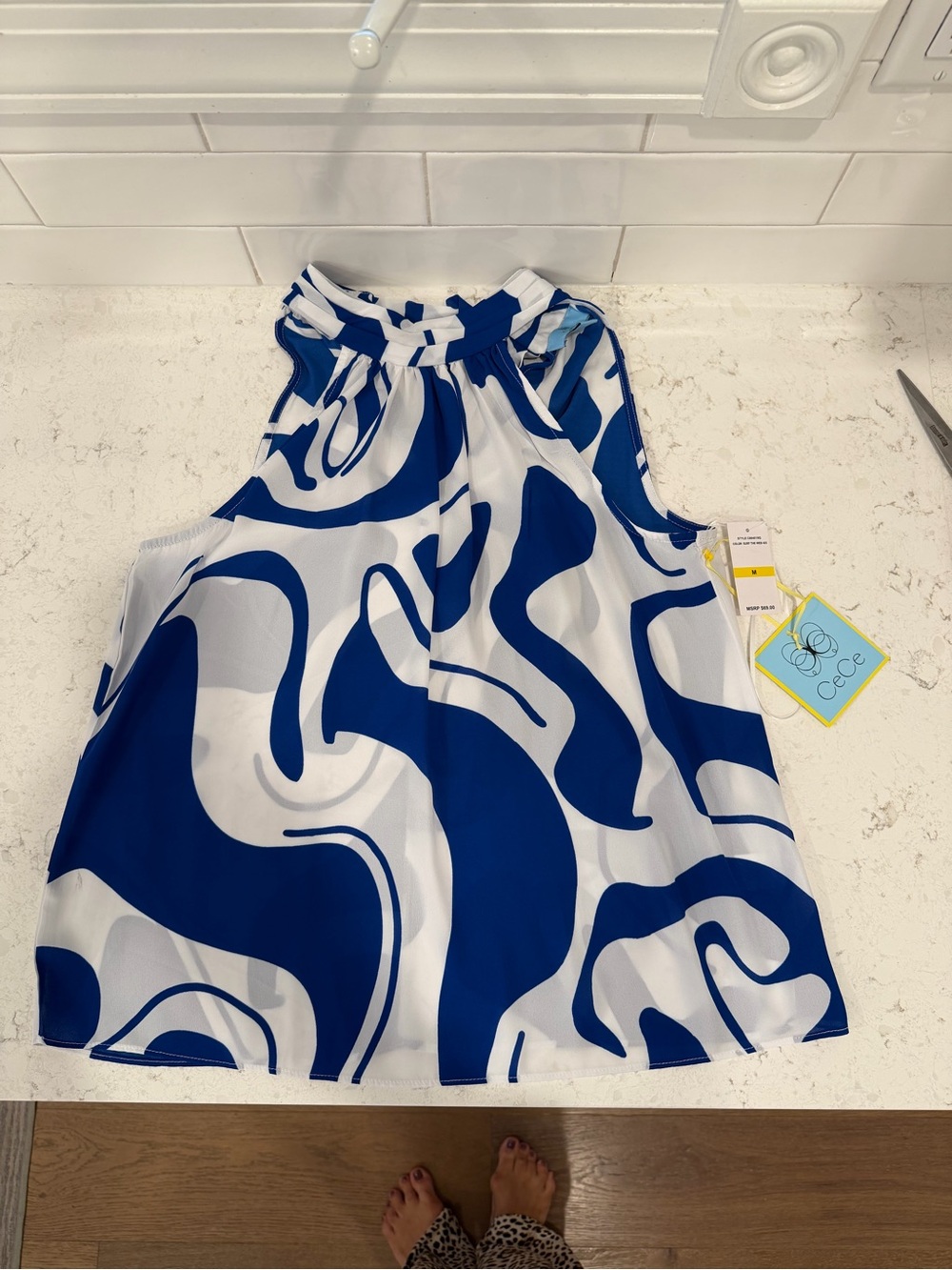 CeCe Bold Blue & White Abstract Halter Women’s Top NWT Size M